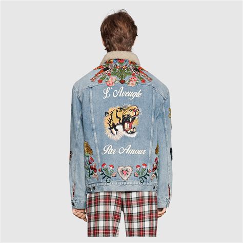 gucci embroidered denim jacket with shearling replica|gucci twill blouson jacket.